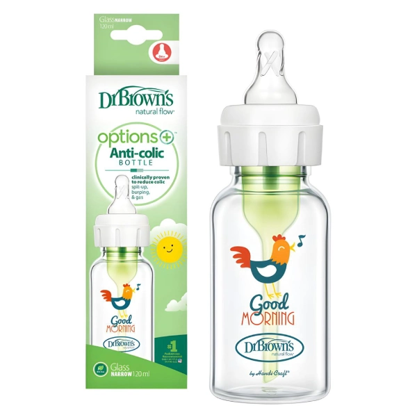 Dr.-Brown-Pyrex-milk-bottle-120-mil-narrow-single-drop-option-plus-rooster-design شیشه شیر نوزاد