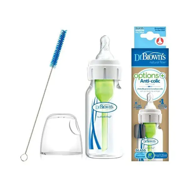 Dr.-Brown-Pyrex-milk-bottle-120-mil-narrow-single-drop-option-plus شیشه شیر بچه